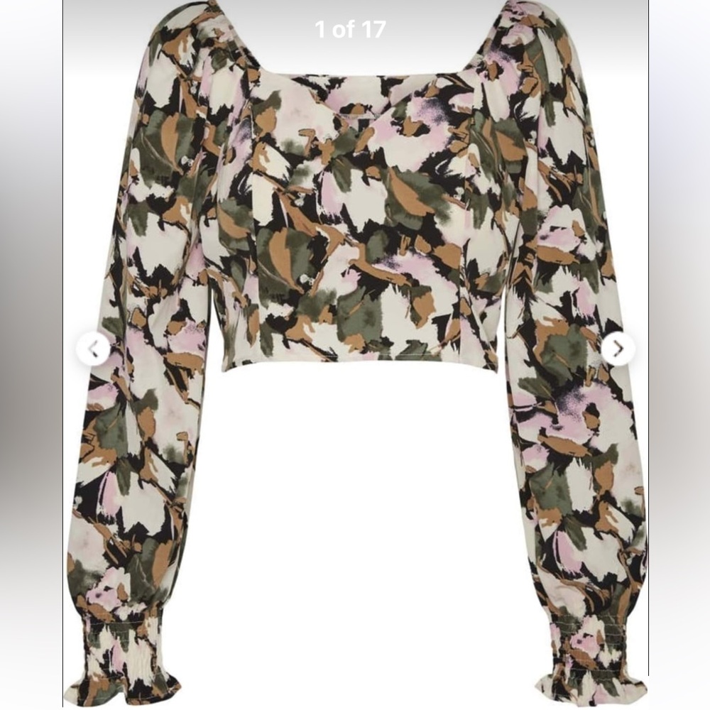 Vero Moda hui long sleeve cropped floral loop top blouse bell sleeves S NWT